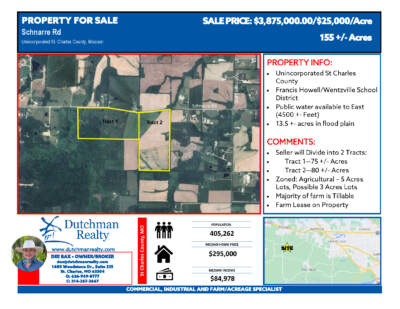 Schnarre Rd. - Unincorporated St. Charles County, MO - 155 +/- Acres - Seller will divide into 2 Tracts: Tract 1 - 75 +/- Acres; Tract 2 - 80 +/- Acres